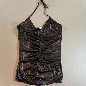 Flounce Metallic Ruched Halter Top Black Shimmer Party Club Size L